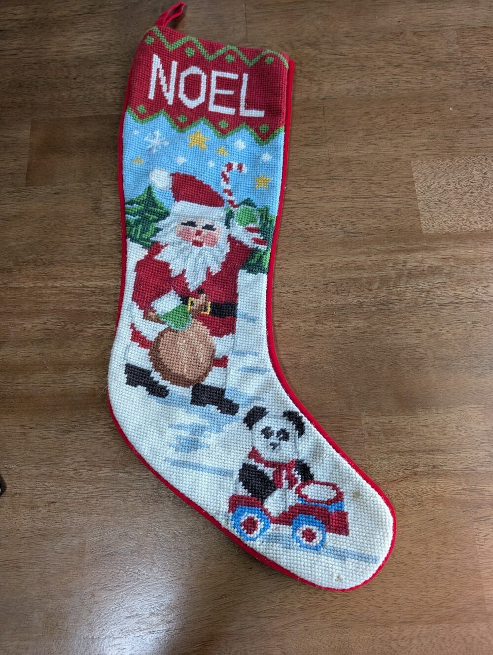 Vintage 90s Needlepoint Noel Christmas Stocking  Santa Panda Bear Red Velvet Y2K